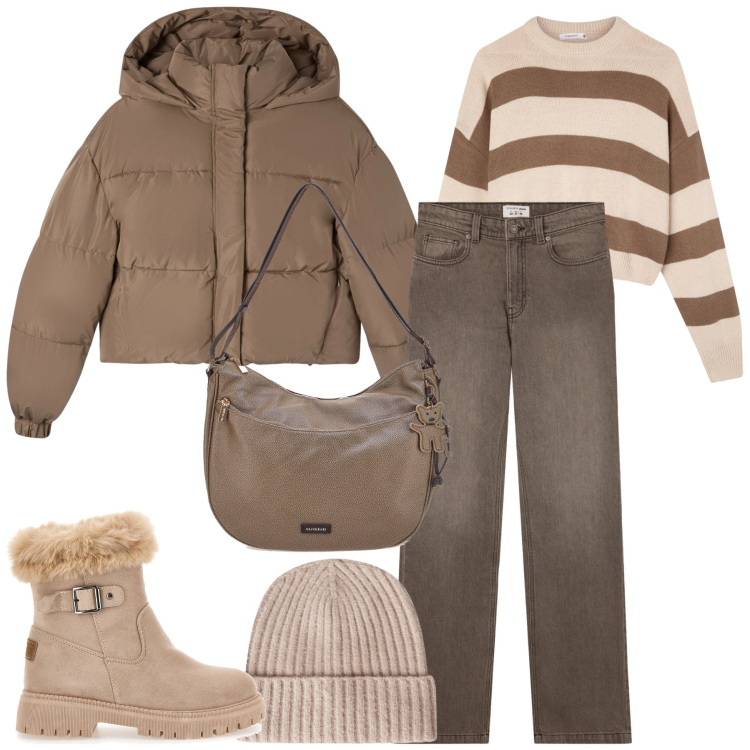 Outfit donna - Gennaio. Stile Casual per Tutti i giorni. Abbinamento con jeans bootcut, maglieria, bomber, berretti, stivaletti, borse a spalla.