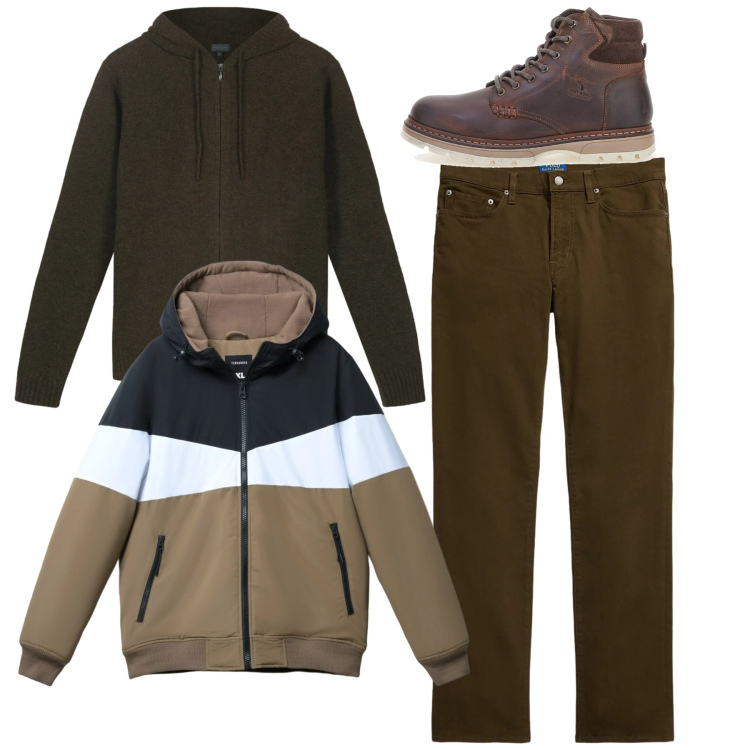 Outfit uomo - Total look. Stile Casual per Tutti i giorni. Abbinamento con piumini, pantaloni, anfibi, felpe con cappuccio.