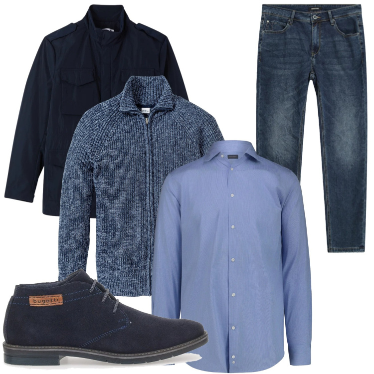 Outfit uomo - Total look blu. Stile Trendy per Tutti i giorni. Abbinamento con cardigans, giacche, jeans slim fit, scarpe stringate, camicie.