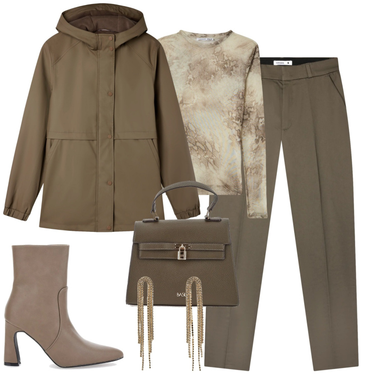 Outfit donna - Gennaio. Stile Urban per Tutti i giorni. Abbinamento con maglieria, pantaloni chino, blazer, orecchini, stivaletti, borse a mano.