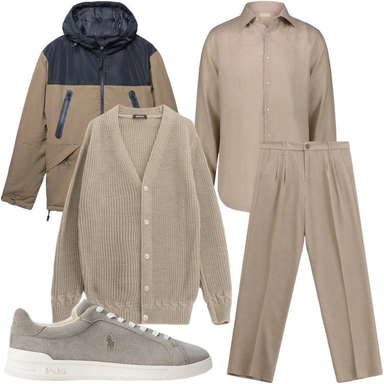 Outfit uomo - Total look marrone chiaro. Stile Casual per Tutti i giorni. Abbinamento con bomber, pantaloni, cardigans, sneakers, camicie.