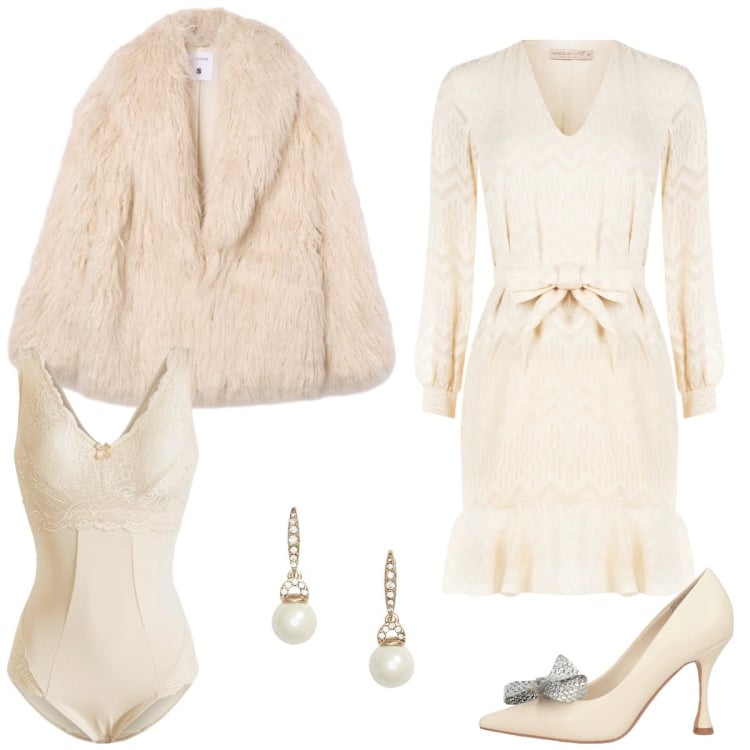 Outfit donna - Sposa di gennaio. Stile Chic per Cerimonia. Abbinamento con body, décolleté, ecopellicce, vestiti corti, orecchini.