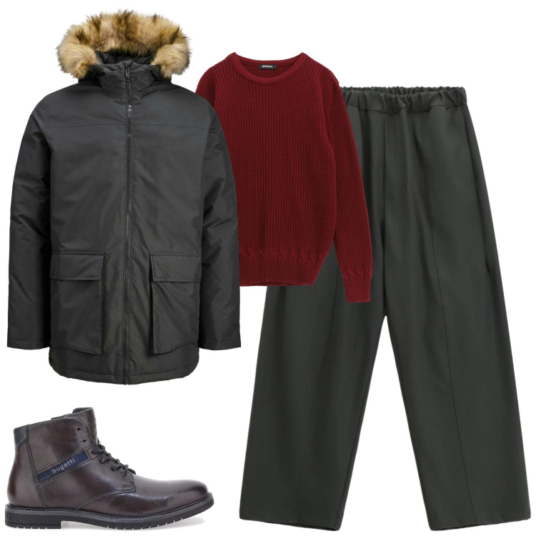 Outfit uomo - City. Stile Urban per Tutti i giorni. Abbinamento con parka, maglieria, pantaloni, stivali e stivaletti.