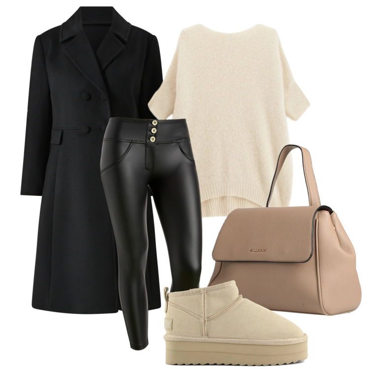 Outfit donna - Curvy in cappotto nero casual. Stile Basic per Tutti i giorni. Abbinamento con zaini, maglieria, pantaloni skinny, cappotti, stivaletti.