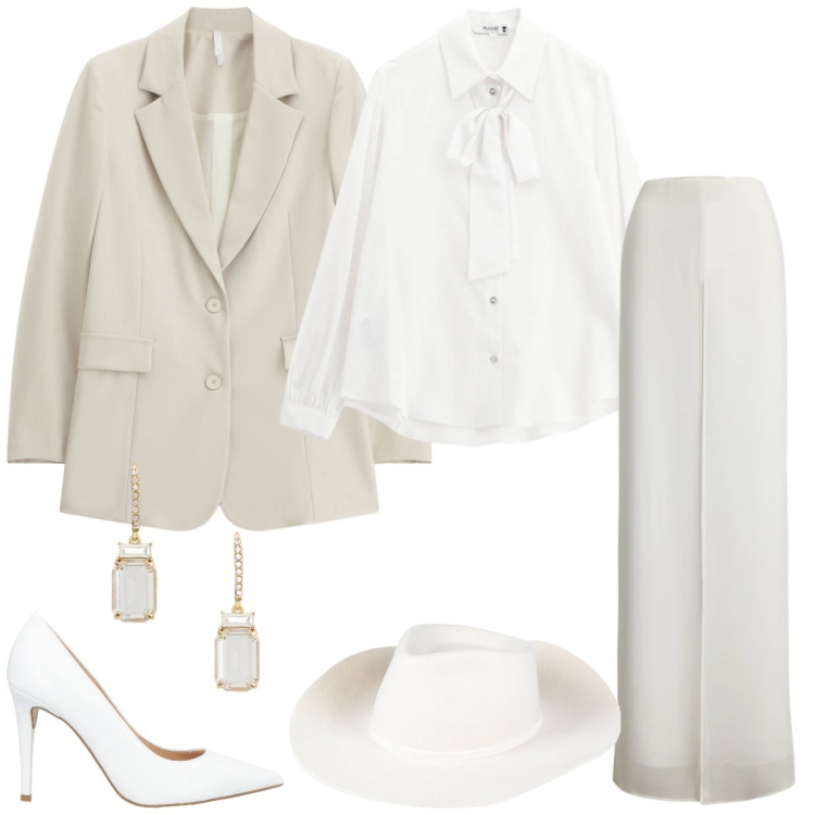 Outfit donna - Sposa di gennaio. Stile Chic per Cerimonia. Abbinamento con décolleté, cappelli, camicie, blazer, pantaloni, orecchini.