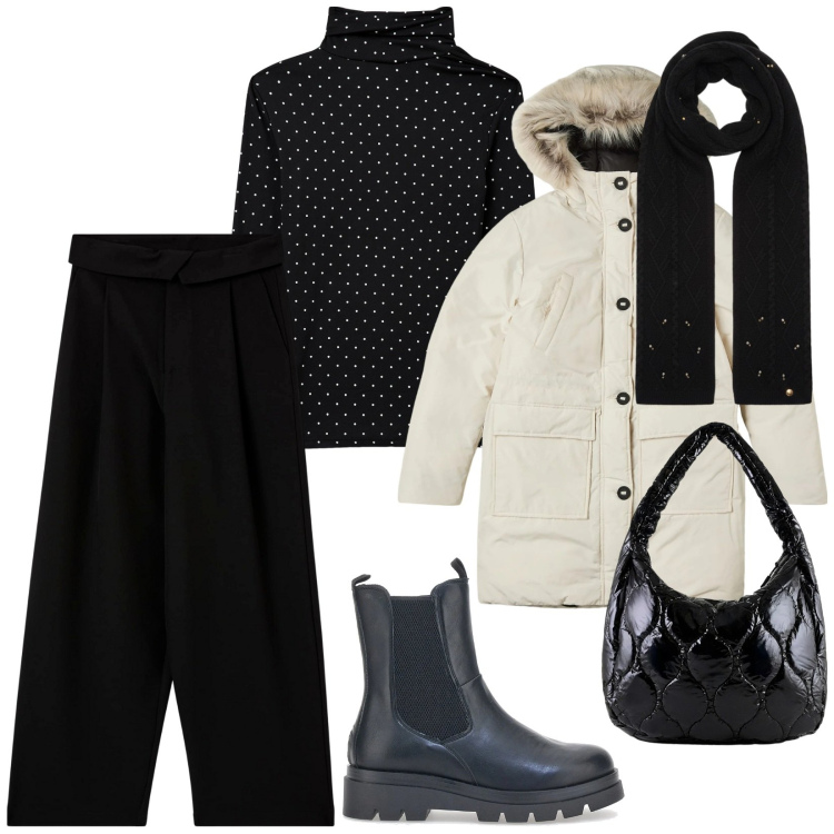 Outfit donna - Comoda nel nuovo anno. per Tutti i giorni. Abbinamento con pantaloni, parka, t-shirt, borse tote, sciarpe, stivaletti chelsea.