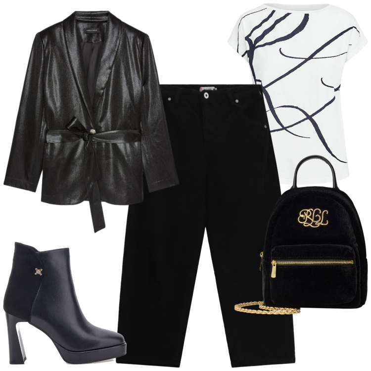 Outfit donna - Gennaio. Stile Casual chic per Tutti i giorni. Abbinamento con pantaloni, maglieria, borse a tracolla, blazer, stivaletti.