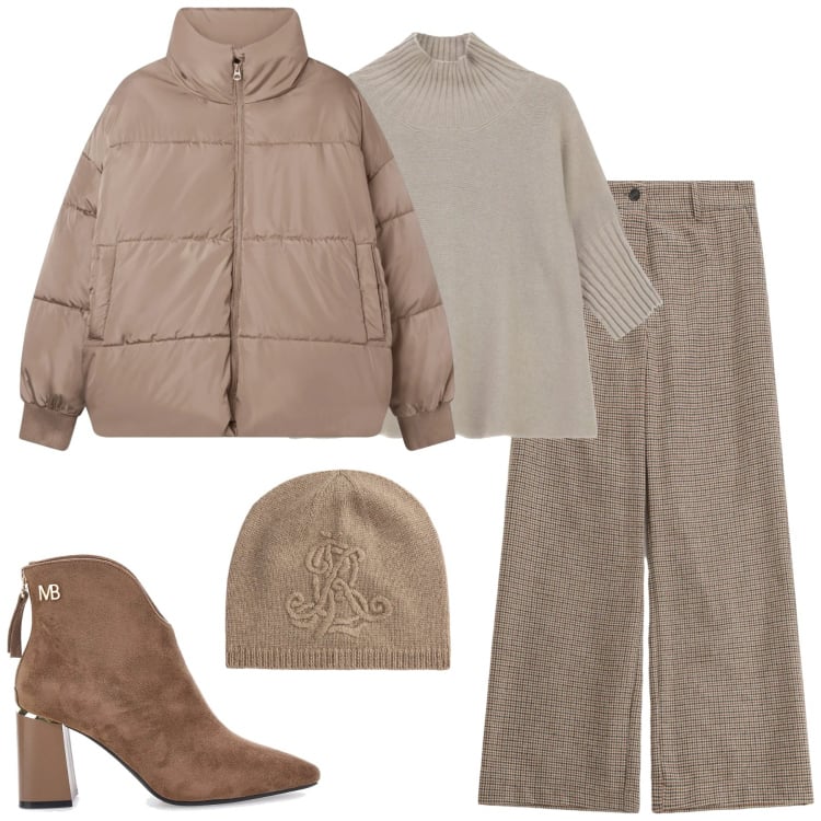 Outfit donna - City. Stile Casual chic per Tutti i giorni. Abbinamento con bomber, pantaloni a palazzo, maglieria, berretti, stivaletti.