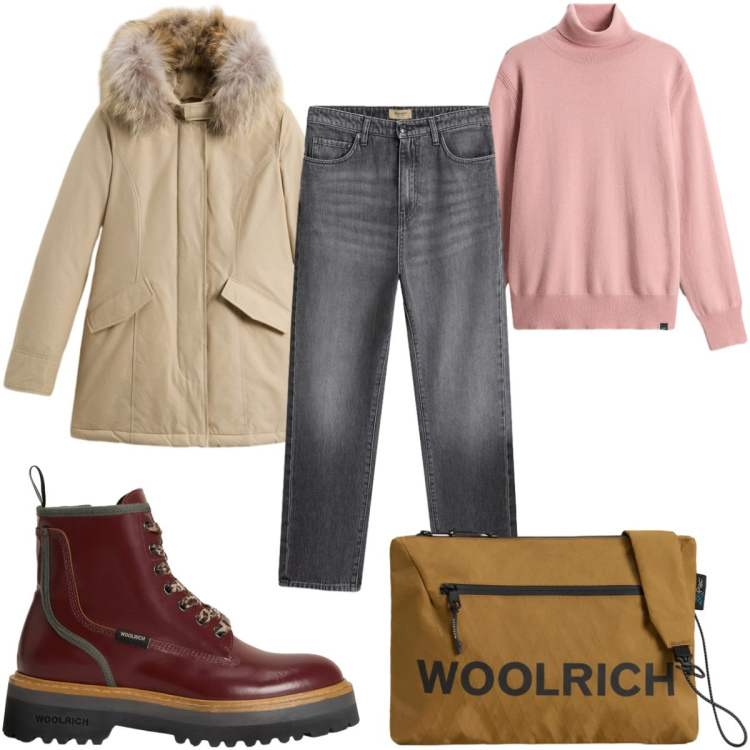 Outfit donna - Saldi invernali Woolrich: dolcevita rosa. Stile Casual per Tutti i giorni. Abbinamento con jeans, borse a tracolla, parka, anfibi, maglieria.