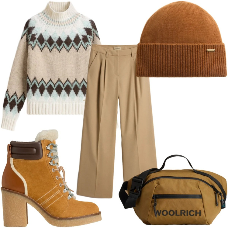Outfit donna - Saldi invernali Woolrich : il cappello. Stile Casual per Tutti i giorni. Abbinamento con borse a tracolla, stivaletti, maglieria, berretti, pantaloni.
