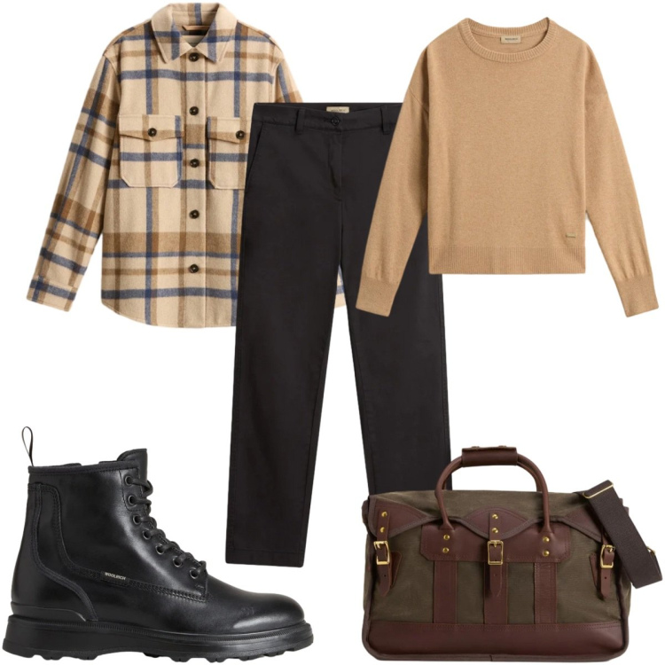 Outfit donna - Saldi invernali Woolrich tutti i giorni. Stile Casual per Tutti i giorni. Abbinamento con borse a tracolla, maglieria, anfibi, pantaloni, cappotti.