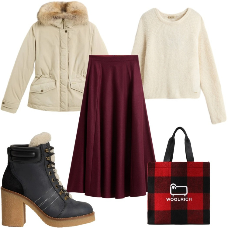 Outfit donna - Saldi invernali Woolrich: la gonna. Stile Trendy per Tutti i giorni. Abbinamento con borse tote, maglieria, gonne lunghe, blazer, stivaletti.