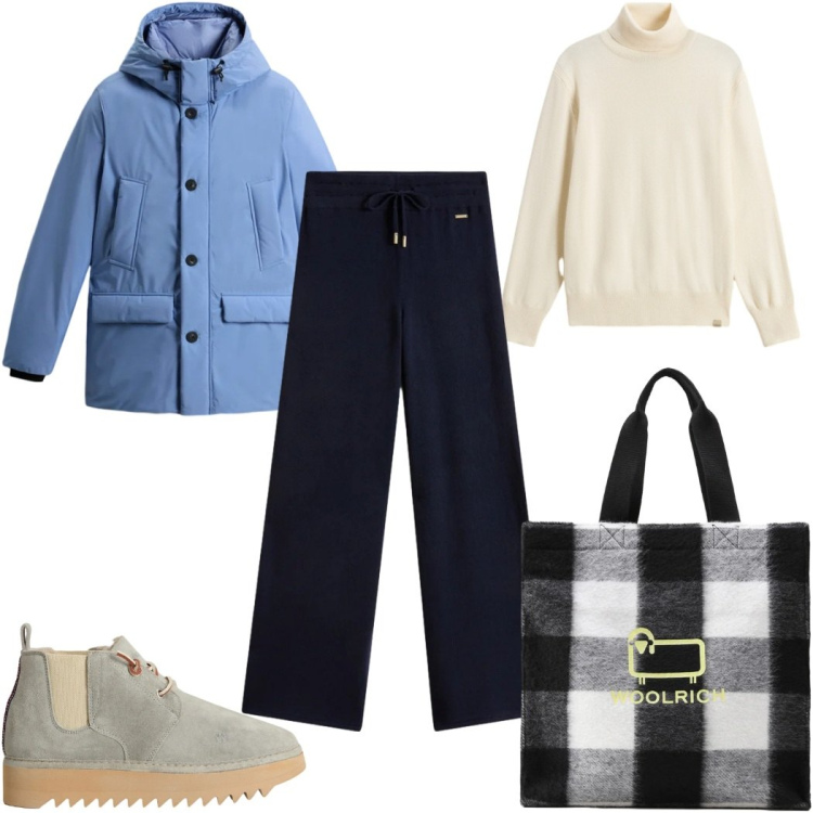 Outfit donna - Saldi invernali Woolrich: borsa a quadri. Stile Trendy per Tutti i giorni. Abbinamento con borse tote, pantaloni, maglieria, stivaletti, parka.