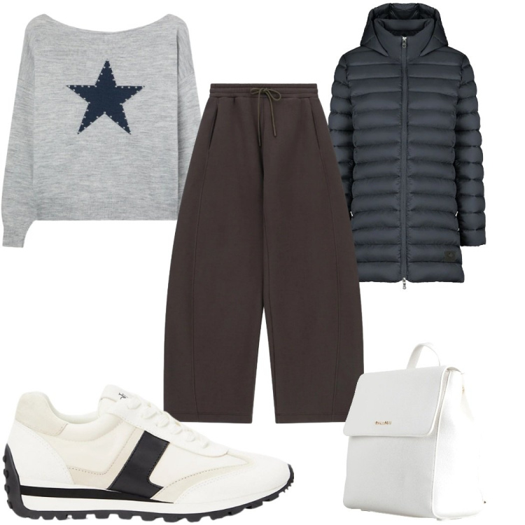 Outfit donna - Winter in Soft Grey : con il bianco. Stile Basic per Tutti i giorni. Abbinamento con zaini, maglieria, pantaloni a palazzo, sneakers, piumini.
