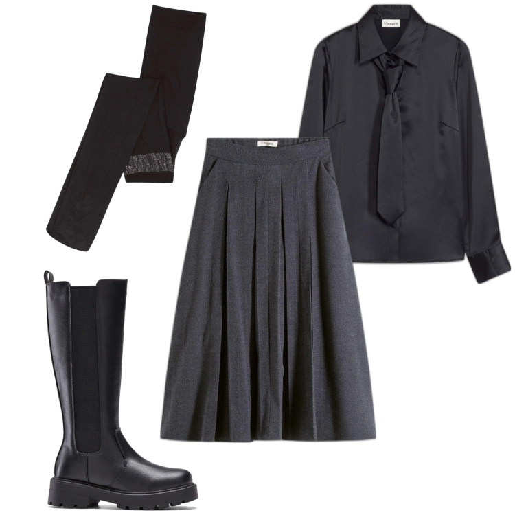 Outfit femme - Preppy. Style Preppy pour Tous les jours. Assortir avec bottes, jupes au genou, chemisiers, collants.
