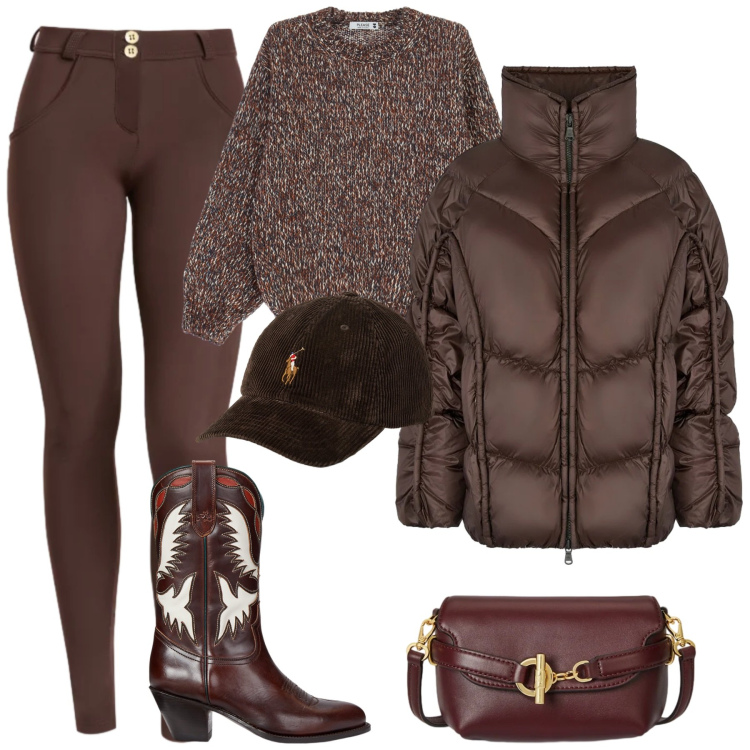 Outfit donna - City. Stile Casual chic per Tutti i giorni. Abbinamento con maglieria, pantaloni skinny, stivali, cappelli con visiera, borse a tracolla, piumini.