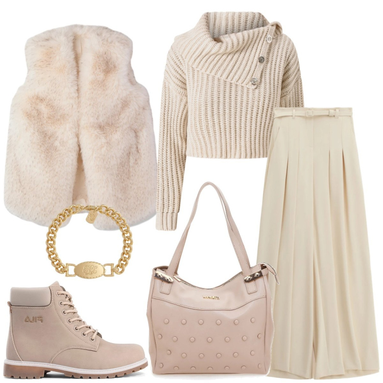 Outfit donna - Total look #2312487. Stile Casual chic per Tutti i giorni. Abbinamento con pantaloni a palazzo, piumini, maglieria, braccialetti, stivaletti, shopping bag.