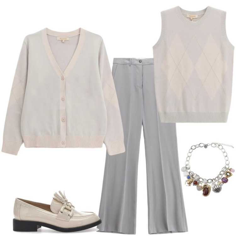 Outfit donna - Saldi Please 25. Stile Bon Ton per Ufficio. Abbinamento con pantaloni, cardigans, maglieria, braccialetti con ciondoli, mocassini.
