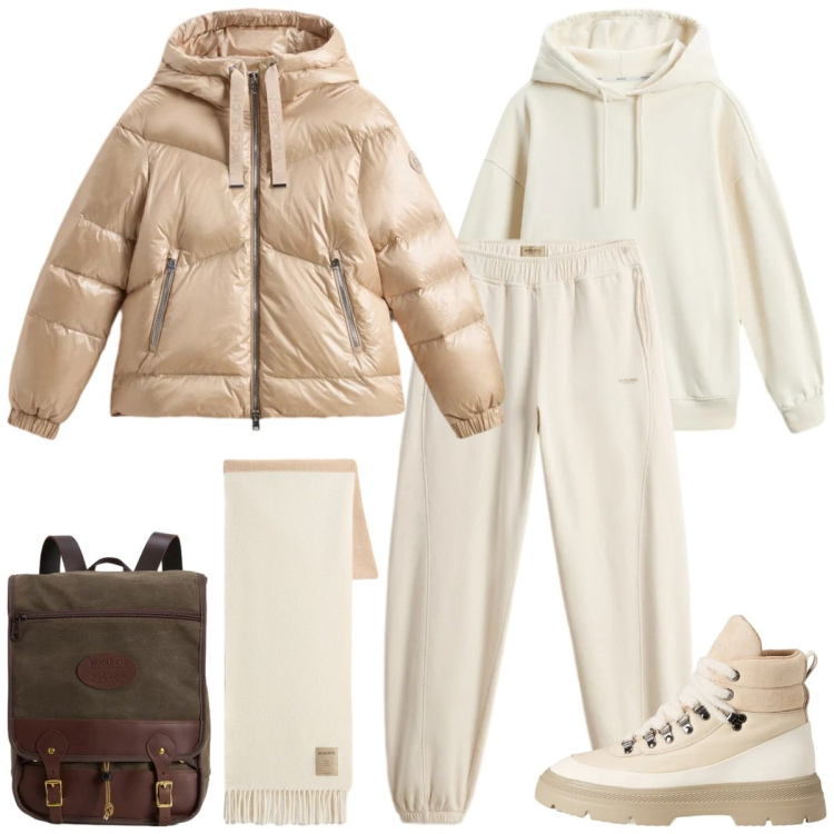 Outfit donna - Saldi Invernali Woolrich. Stile Sporty chic per Tutti i giorni. Abbinamento con zaini, pantaloni, sciarpe, anfibi, piumini, felpe con cappuccio.
