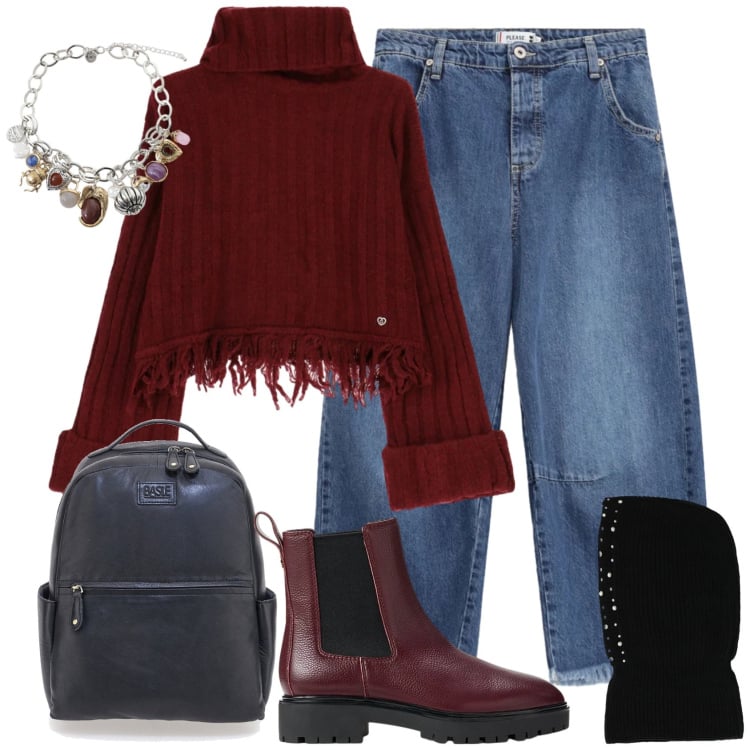 Outfit donna - Saldi Please: ritorno dopo Natale. Stile Casual chic per Scuola/Università. Abbinamento con braccialetti con ciondoli, cappelli e berretti, maglieria, jeans, stivaletti chelsea, zaini.