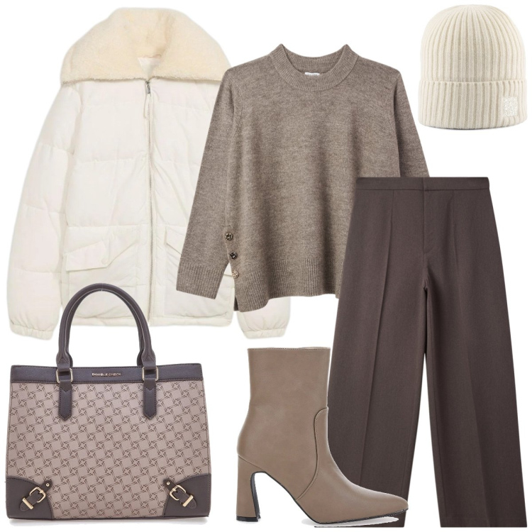 Outfit donna - Total look #2312498. Stile Casual per Tutti i giorni. Abbinamento con giacche, pantaloni, maglieria, stivaletti, borse a tracolla, berretti.