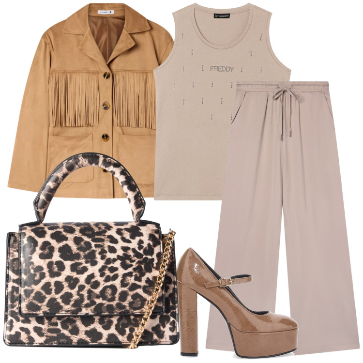 Outfit donna - Total look. Stile Trendy per Ufficio. Abbinamento con pantaloni, cappotti, borse a tracolla, canottiere, scarpe col tacco.