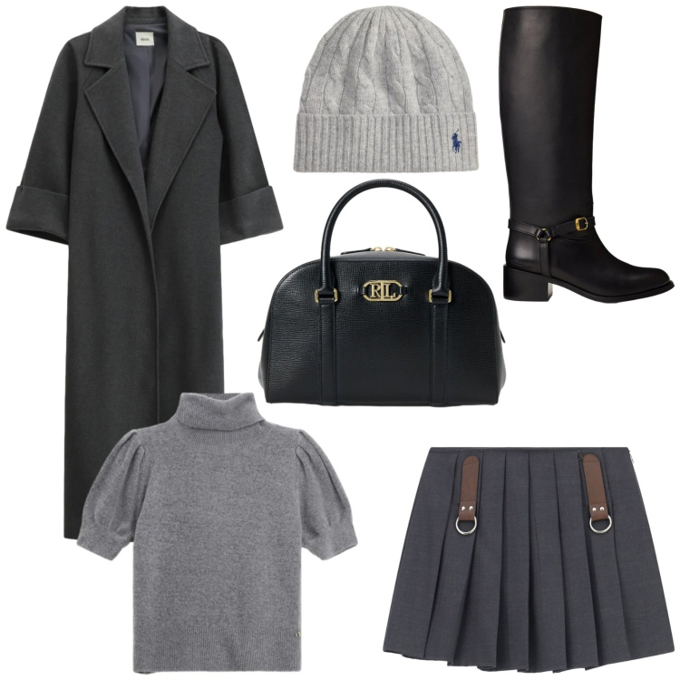 Outfit donna - Winter glam. Stile Glamour per Tutti i giorni. Abbinamento con cappotti, minigonne, maglieria, stivali, borse a mano, berretti.