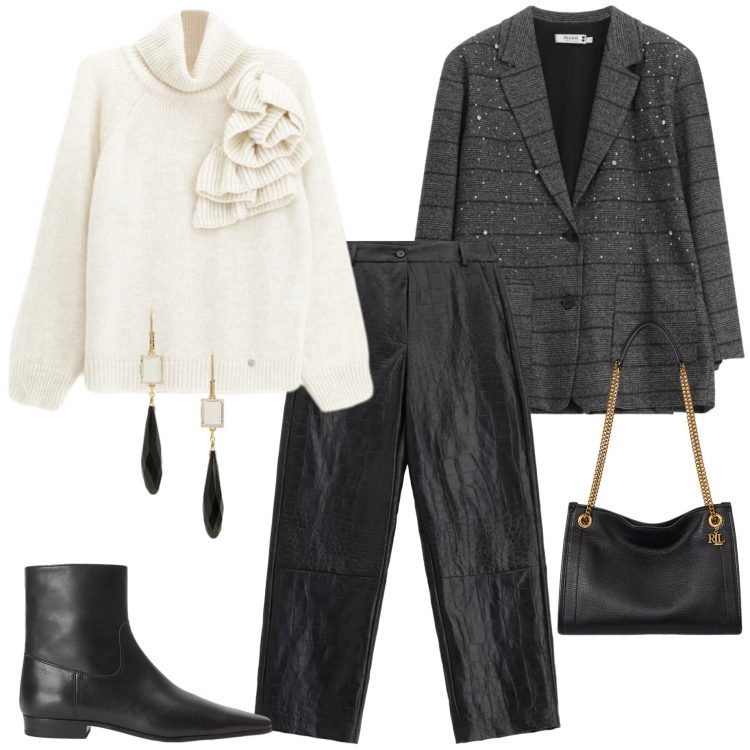 Outfit donna - Please saldi 25. Stile Casual chic per Tutti i giorni. Abbinamento con maglieria, pantaloni, blazer, orecchini, borse tote, stivaletti.