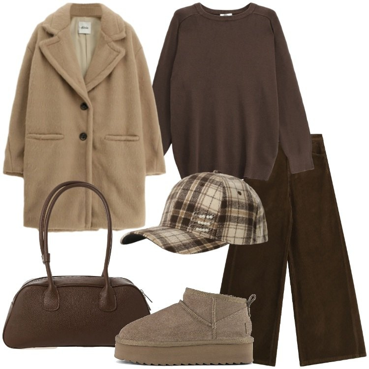 Outfit donna - Dixie - Saldi FW 2025. Stile Trendy per Tutti i giorni. Abbinamento con pullovers, cappotti, pantaloni a palazzo, borse a mano, cappelli con visiera, stivaletti.