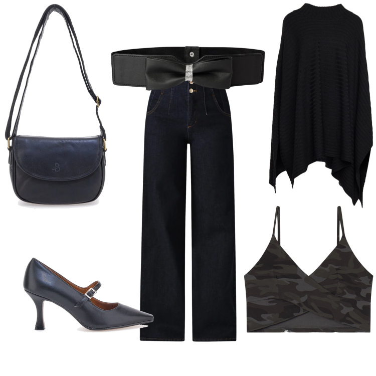 Outfit donna - Black is black. Stile Glamour per Serata fuori. Abbinamento con cappotti, cinture, top, jeans, décolleté, borse a tracolla.