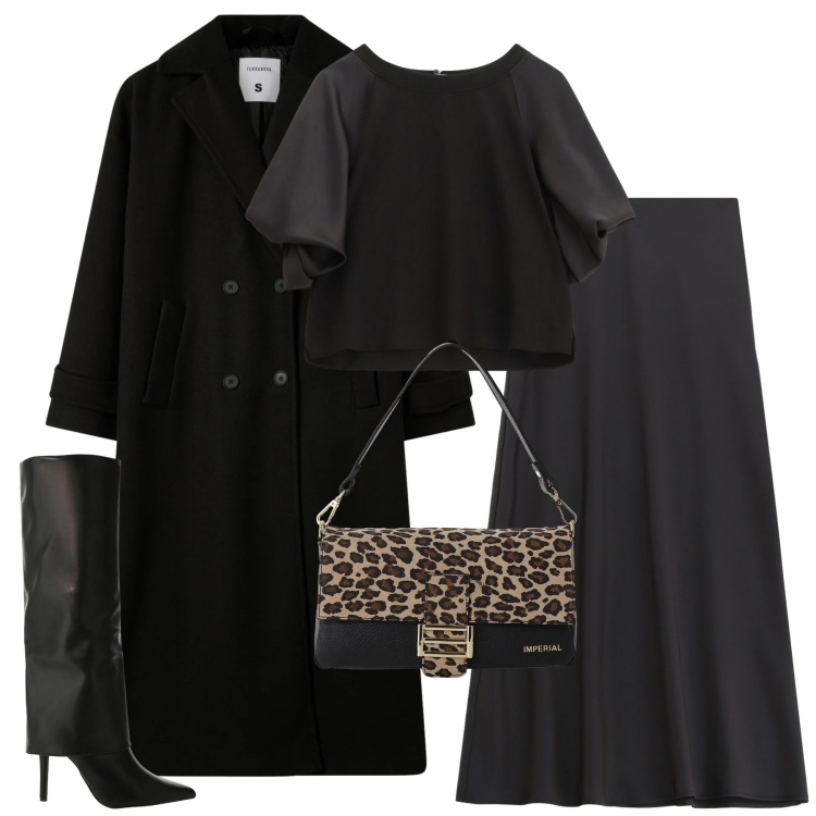 Outfit donna - Black. Stile Minimal per Tutti i giorni. Abbinamento con cappotti, gonne lunghe, bluse, borse a spalla, stivali.
