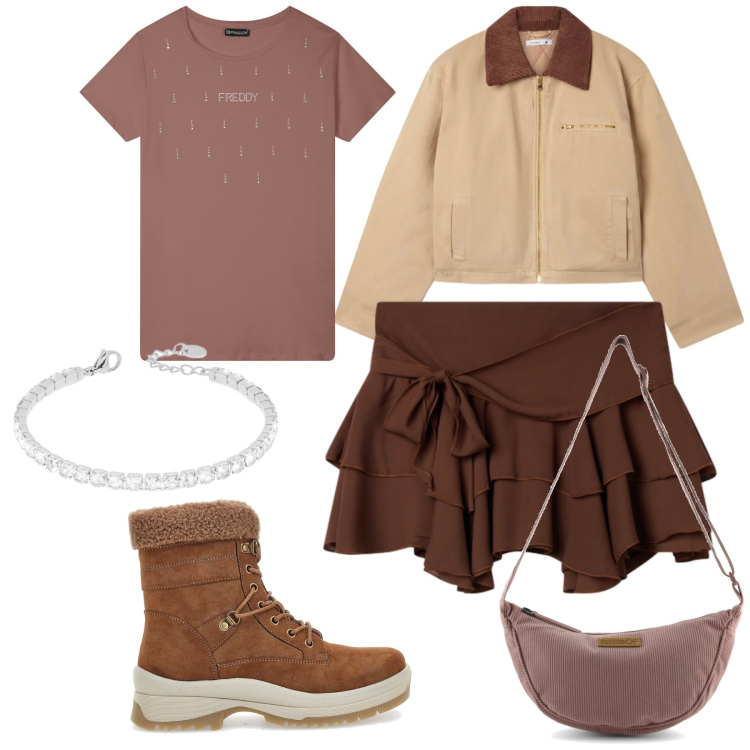 Outfit donna - Preppy col tennis. Stile Preppy per Tutti i giorni. Abbinamento con cappotti, minigonne, braccialetti, t-shirt, borse a tracolla, stivaletti.