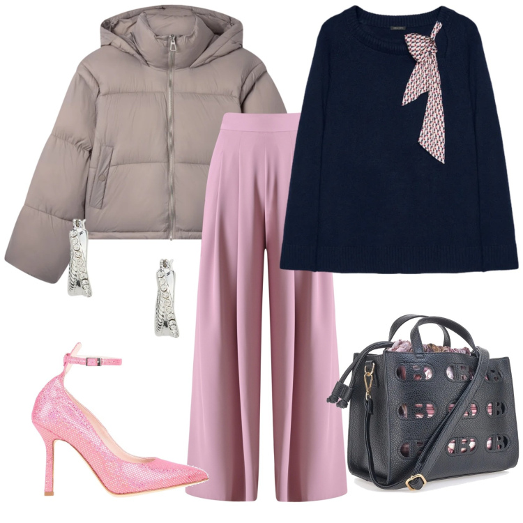 Outfit donna - Total look #2312524. Stile Casual chic per Serata fuori. Abbinamento con décolleté, bomber, pantaloni a palazzo, orecchini, borse a mano, maglieria.