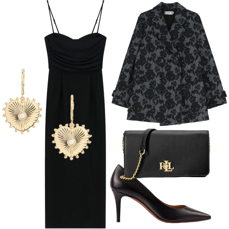 Outfit donna - Primo cocktail di stagione. Stile Glamour per Serata fuori. Abbinamento con blazer, vestiti midi/longuette, borse a mano, décolleté, orecchini.