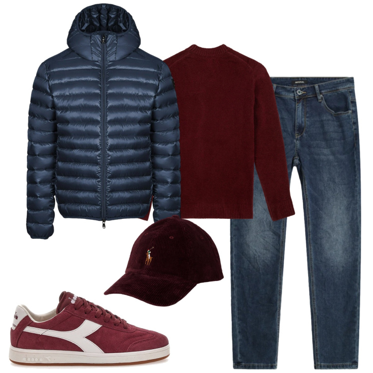 Outfit uomo - City. Stile Casual per Tutti i giorni. Abbinamento con jeans slim fit, cappelli, bomber, sneakers, maglieria.