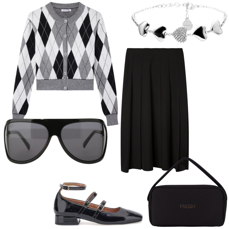 Outfit donna - Golfino bon ton. Stile Bon Ton per Tutti i giorni. Abbinamento con gonne lunghe, cardigans, occhiali da sole, braccialetti, borse a mano, ballerine.
