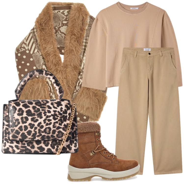 Outfit donna - Animalier sempre ok. Stile Casual chic per Tutti i giorni. Abbinamento con borse a tracolla, t-shirt, pantaloni, stivaletti, cappe.