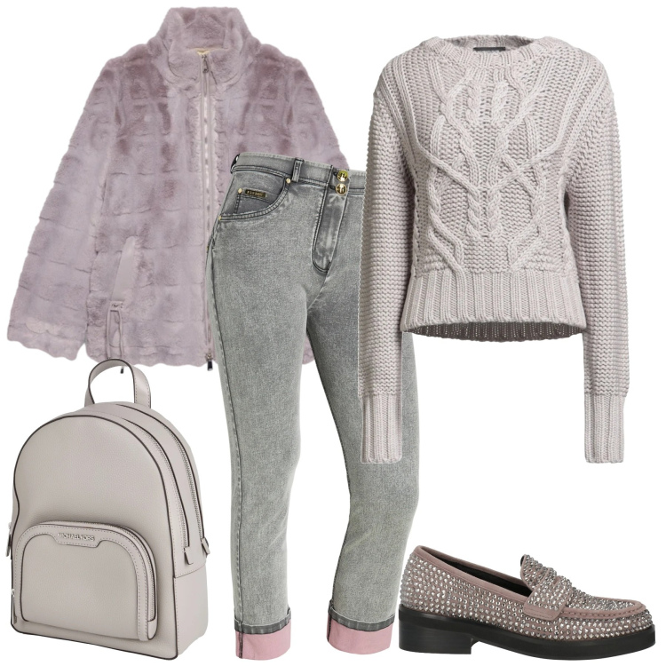 Outfit donna - Winter in soft grey. Stile Trendy per Tutti i giorni. Abbinamento con mocassini, pullovers, zaini, jeans dritti, ecopellicce.
