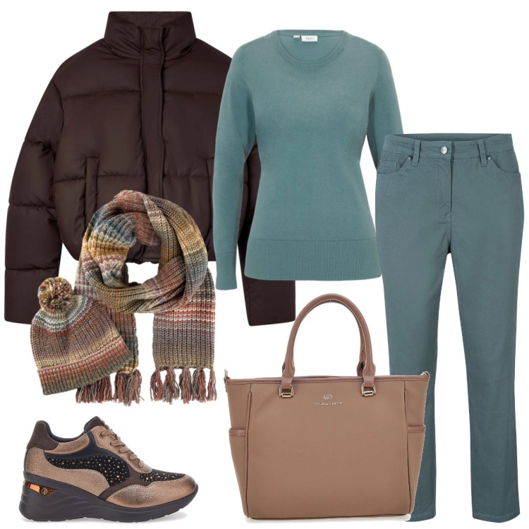 Outfit donna - Total look #2312540. Stile Casual per Scuola/Università. Abbinamento con pantaloni, sciarpe, maglieria, bomber, borse a tracolla, sneakers.