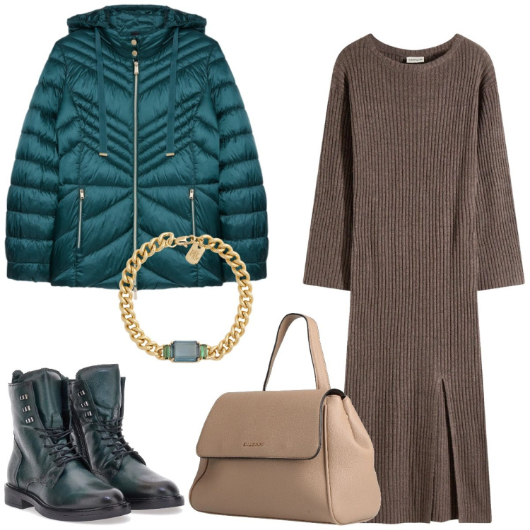 Outfit donna - Total look #2312544. Stile Casual chic per Tutti i giorni. Abbinamento con vestiti, zaini, braccialetti, piumini, anfibi.