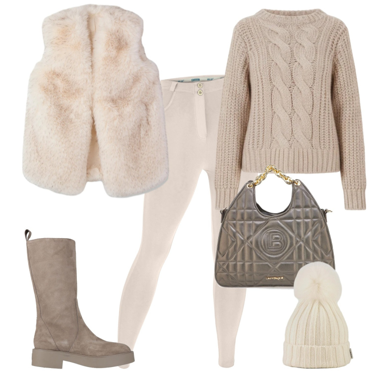 Outfit donna - In montagna. Stile Casual chic per Tutti i giorni. Abbinamento con stivali, piumini, pantaloni skinny, berretti, maglieria, borse a mano.