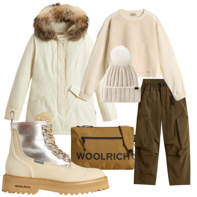 Outfit donna - Al calduccio. Stile Casual per Tutti i giorni. Abbinamento con borse a tracolla, anfibi, pantaloni cargo, felpe, berretti, parka.