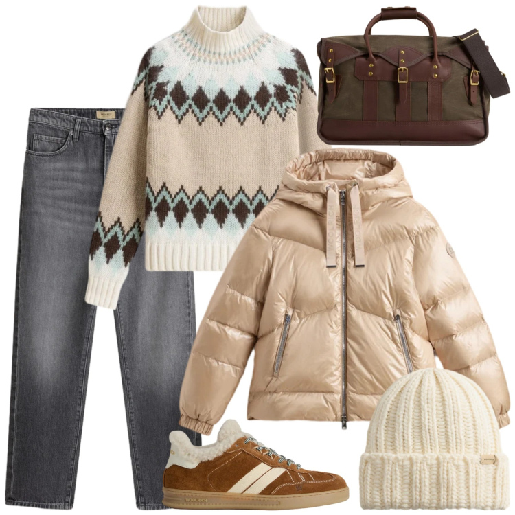 Outfit donna - Saldi Invernali Woolrich. Stile Casual per Tutti i giorni. look ideale per Petite. Abbinamento con jeans, borse a tracolla, maglieria, sneakers, berretti, piumini.