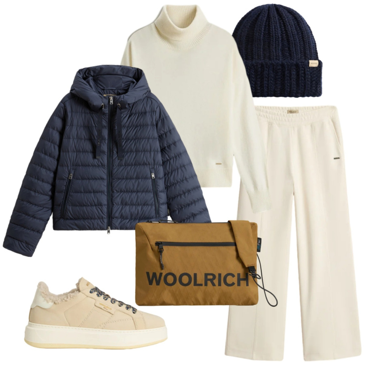 Outfit donna - Saldi Invernali Woolrich. Stile Minimal per Tutti i giorni. Abbinamento con borse a tracolla, piumini, pantaloni, sneakers, berretti, maglieria.
