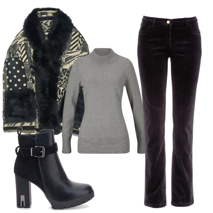 Outfit donna - Total look #2312574. Stile Glamour per Tutti i giorni. Abbinamento con pantaloni, maglieria, cappe, stivaletti.
