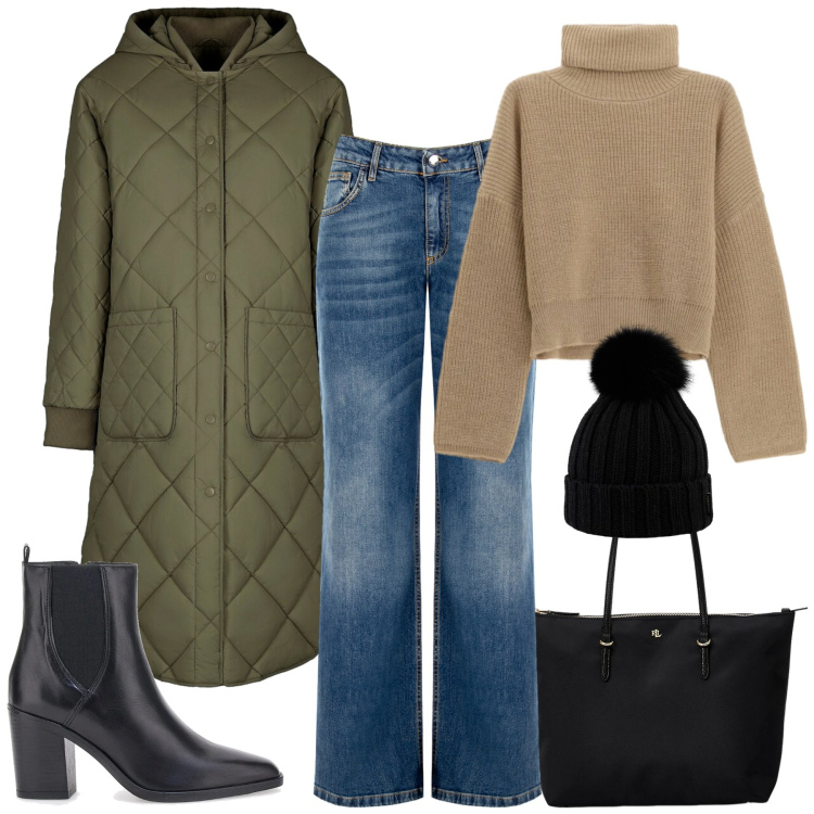 Outfit donna - Al caldo e comoda. Stile Casual chic per Tutti i giorni. Abbinamento con maglieria, borse tote, berretti, piumini, jeans, stivaletti.