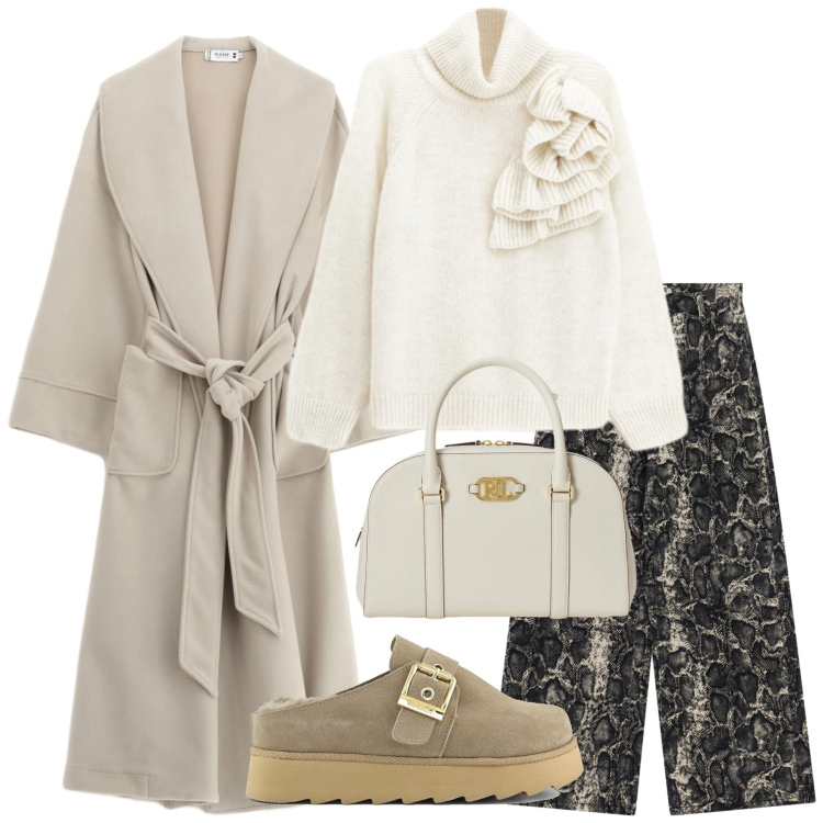 Outfit donna - Total look #2312578. Stile Glamour per Serata fuori. Abbinamento con cappotti, maglieria, pantaloni a palazzo, borse a mano, sabot.