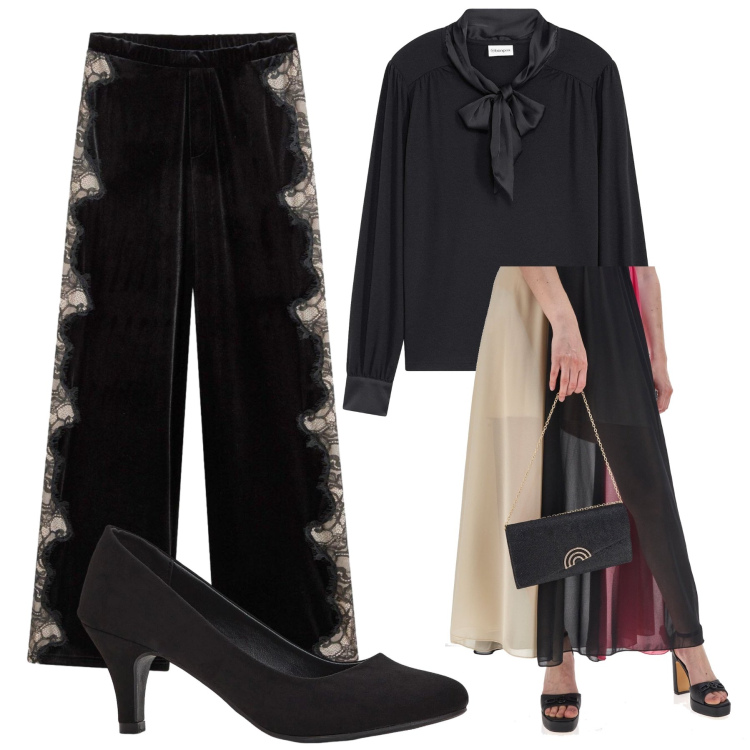 Outfit donna - Total look #2312581. Stile Glamour per Serata fuori. Abbinamento con décolleté, maglieria, pantaloni, pochette.