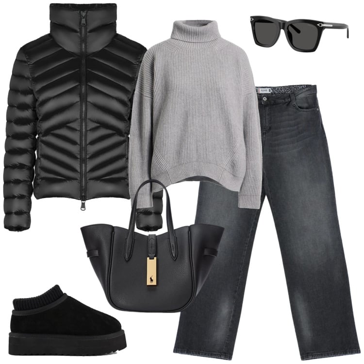 Outfit donna - Gennaio. Stile Casual chic per Tutti i giorni. Abbinamento con maglieria, jeans, occhiali da sole, borse tote, piumini, sabot.