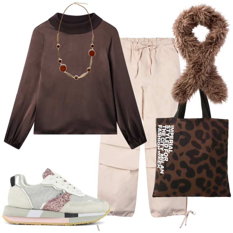 Outfit donna - Total look #2312586. Stile Sporty chic per Tutti i giorni. Abbinamento con bluse, pantaloni cargo, sciarpe, shopping bag, sneakers, collane.